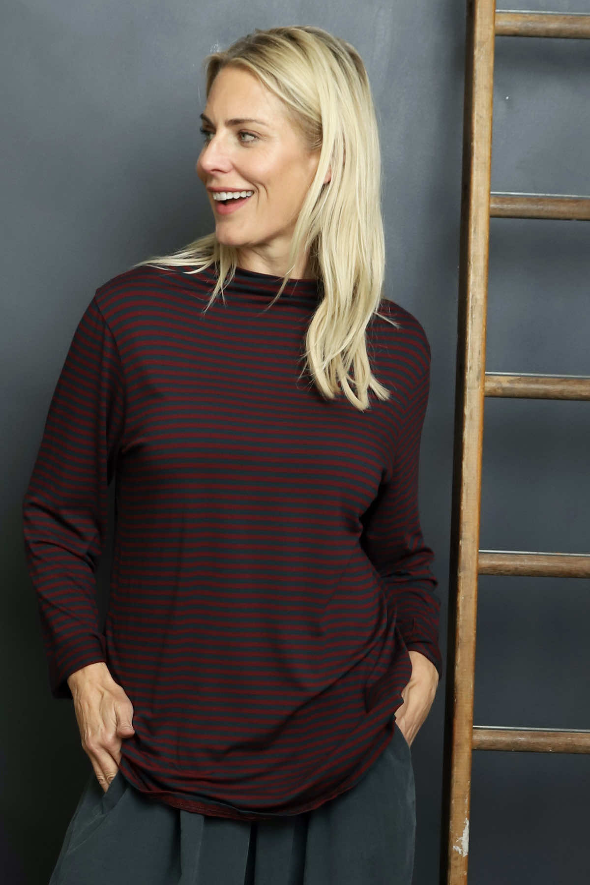 Lyssa Cowl Neck Stripe Top Charcoal