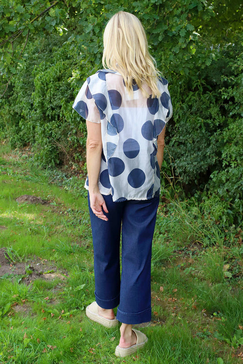 Skye Spot Print Frill Shirt Navy - Image 4