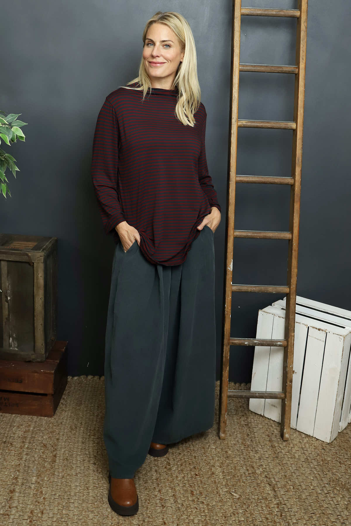 Lyssa Cowl Neck Stripe Top Charcoal