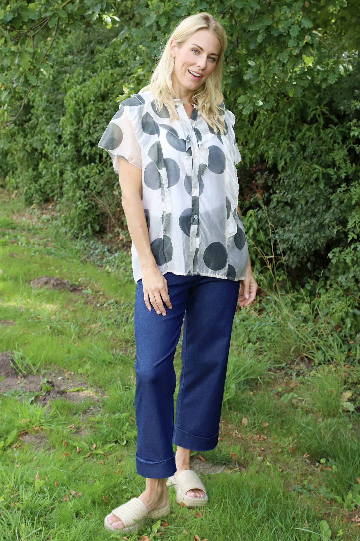 Skye Spot Print Frill Shirt Khaki