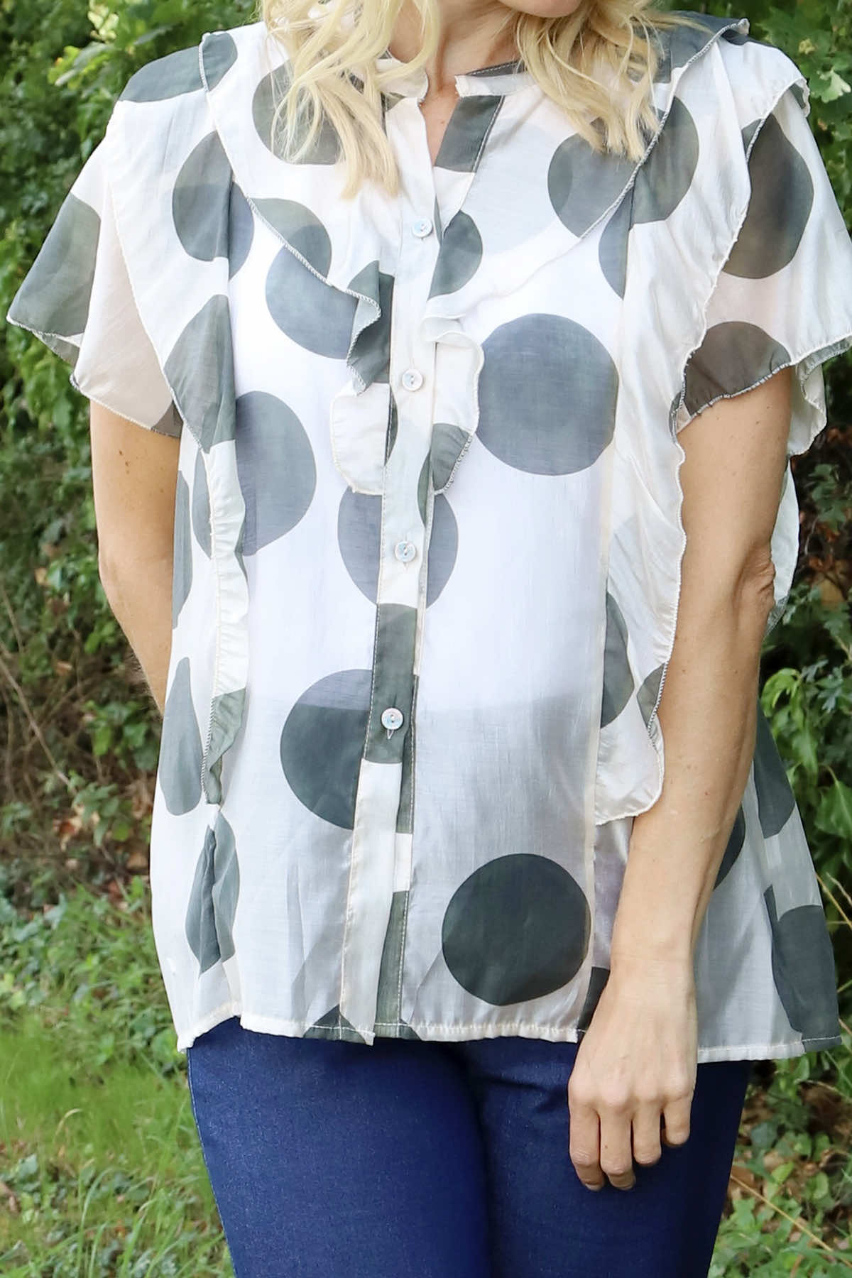 Skye Spot Print Frill Shirt Khaki