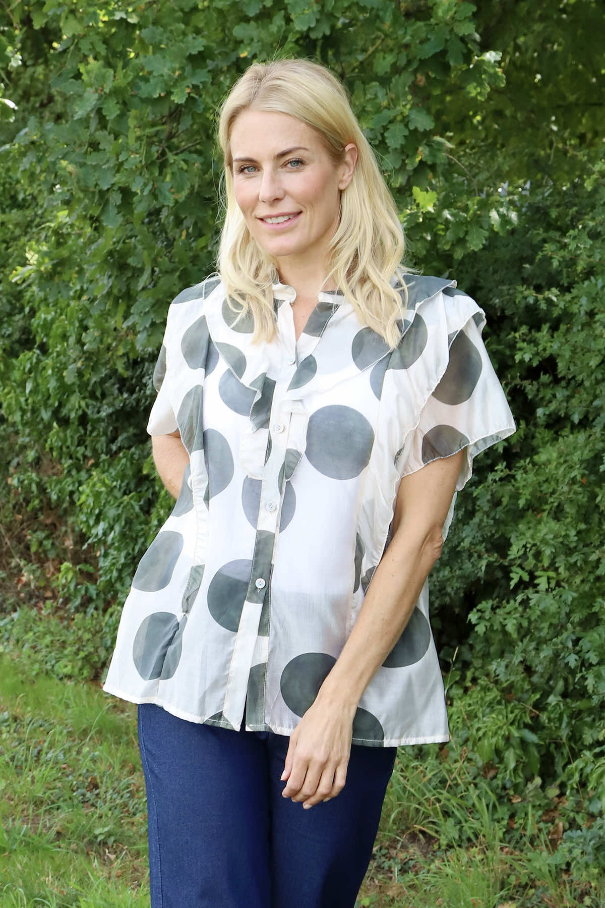 Skye Spot Print Frill Shirt Khaki