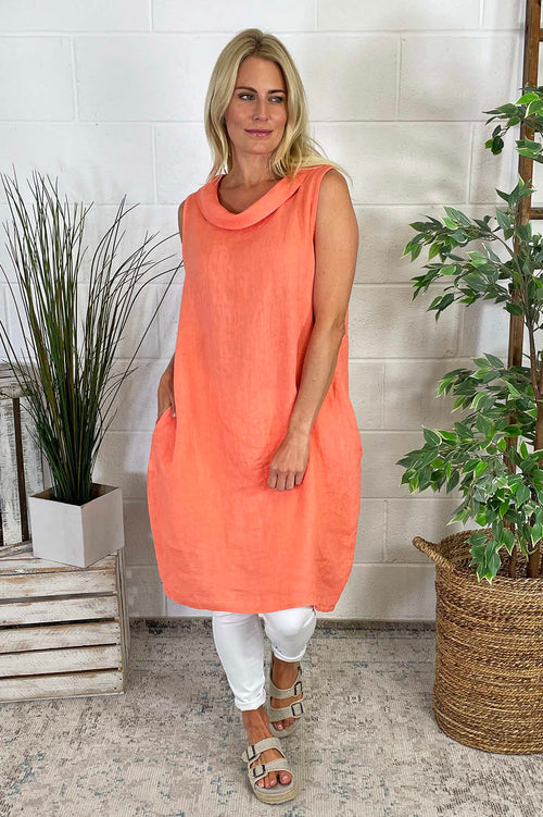 Hailey Sleeveless Cowl Neck Linen Dress Orange
