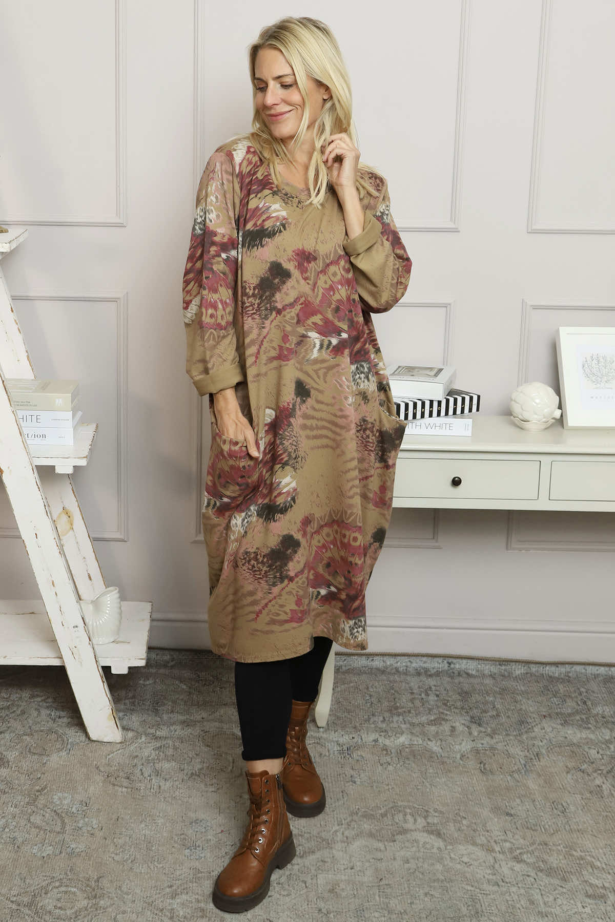 Owena Print Cotton Dress Camel