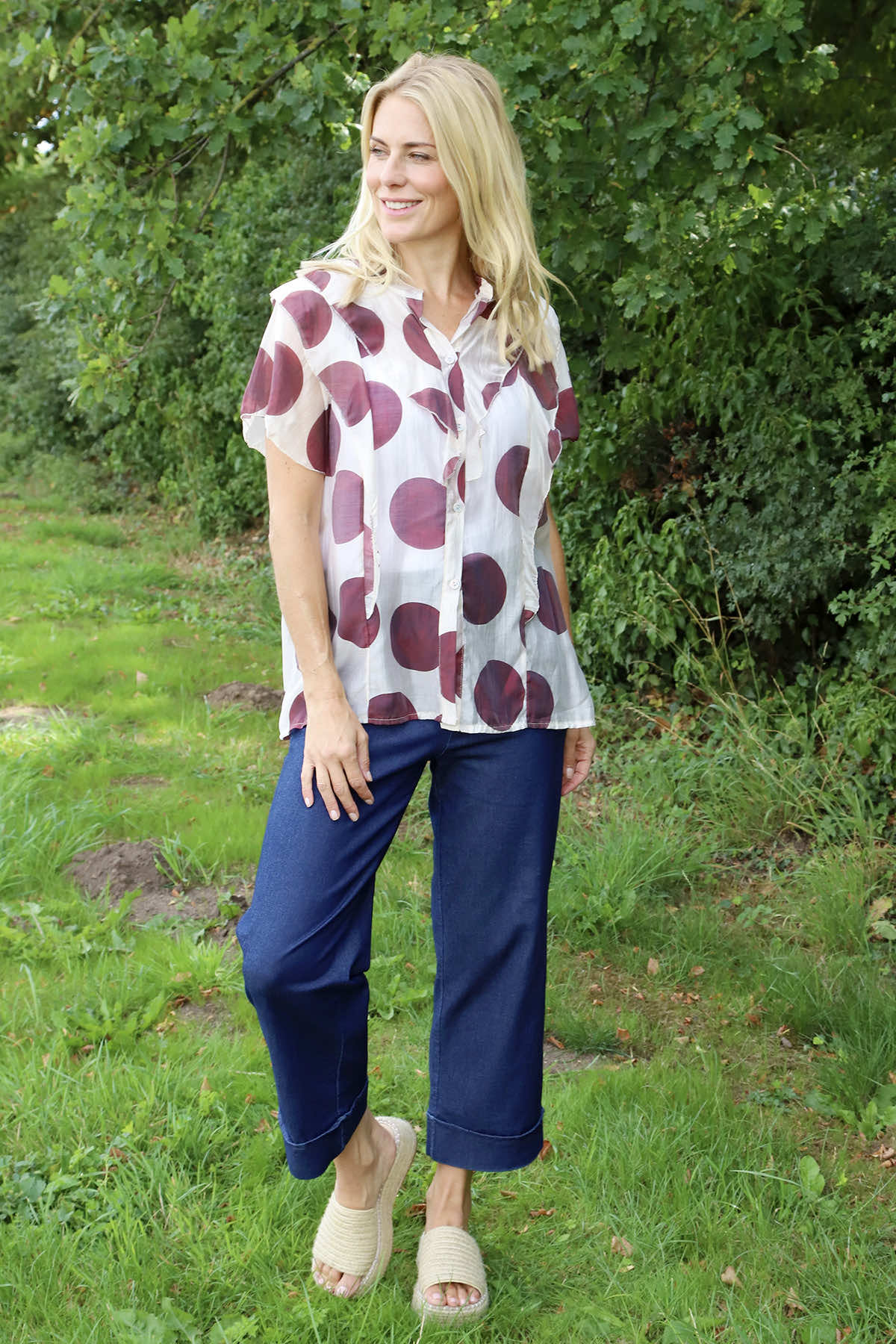 Skye Spot Print Frill Shirt Wine