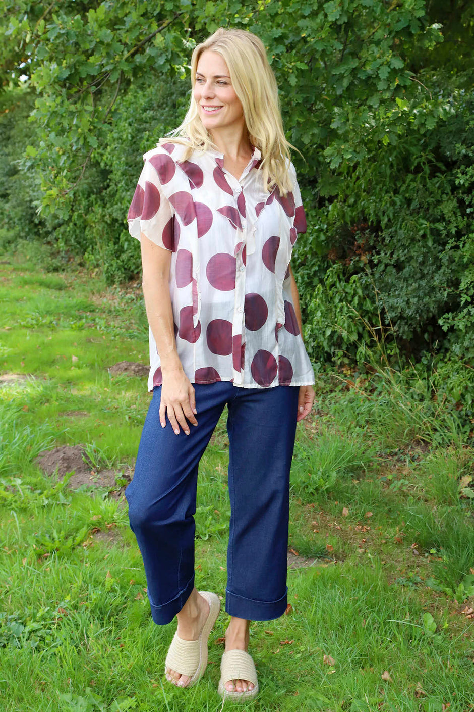 Skye Spot Print Frill Shirt Wine