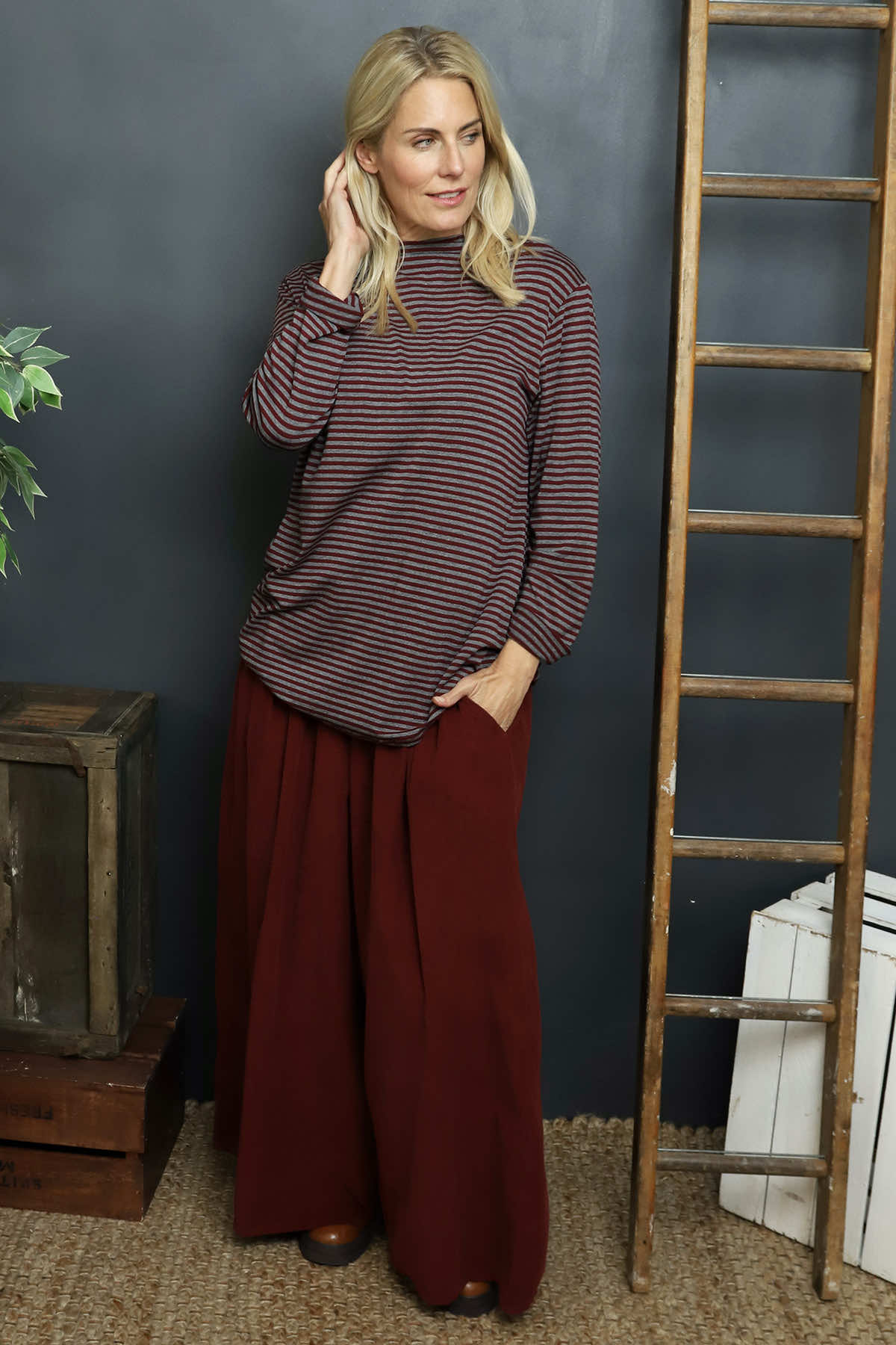 Lyssa Cowl Neck Stripe Top Marl Grey