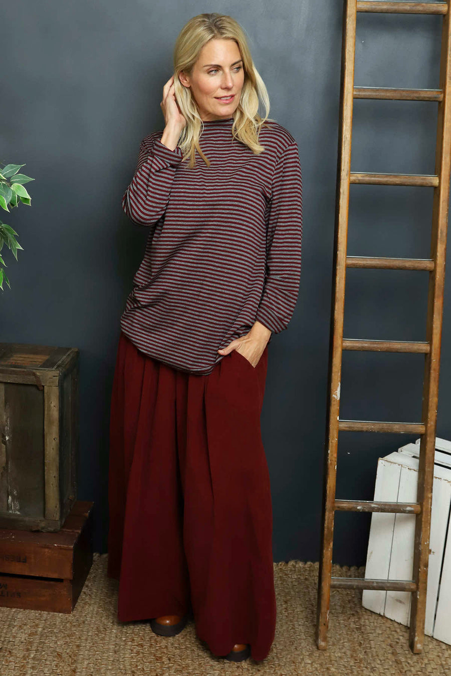 Lyssa Cowl Neck Stripe Top Marl Grey