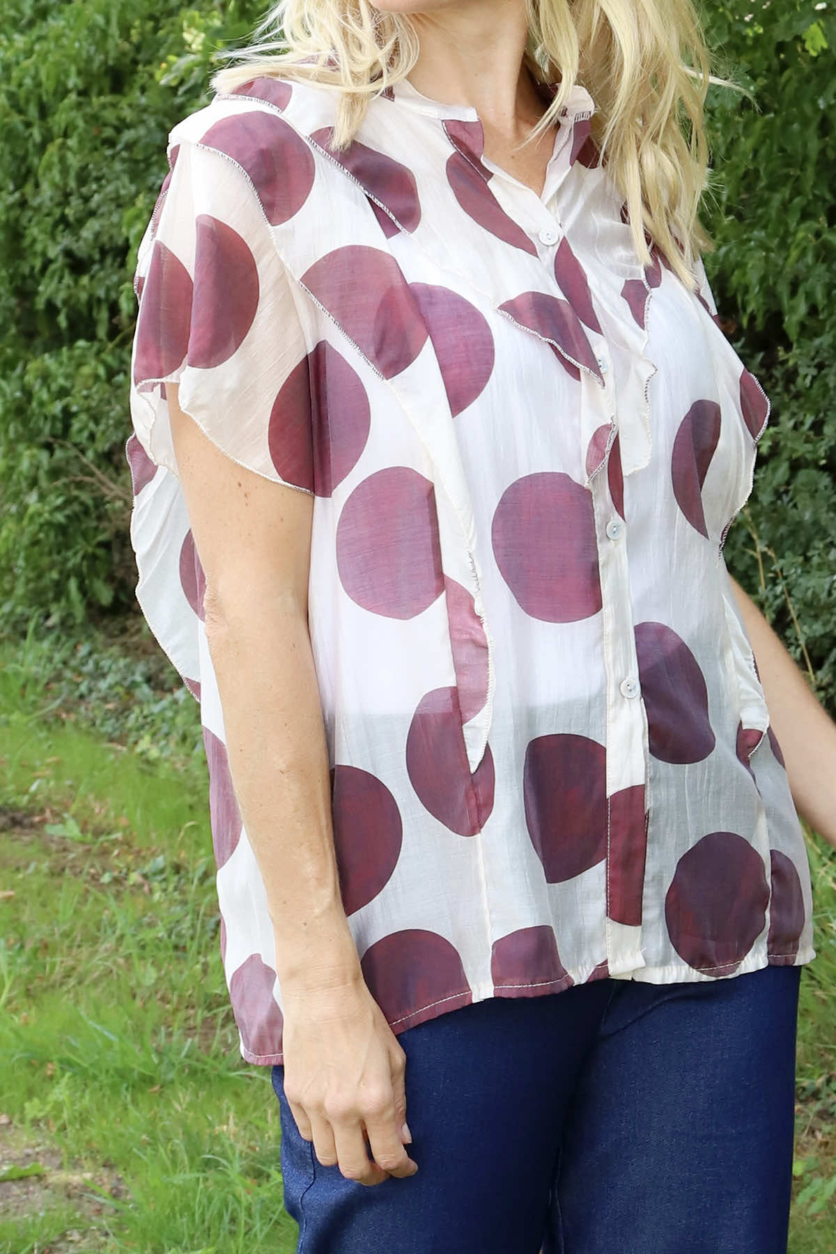 Skye Spot Print Frill Shirt Wine