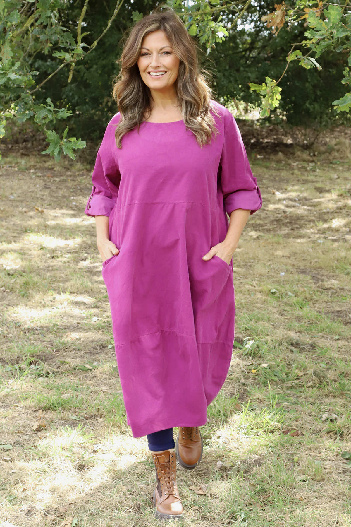 Penelope Pocket Needlecord Dress Magenta