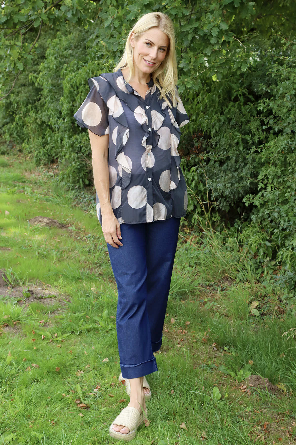 Skye Spot Print Frill Shirt Charcoal