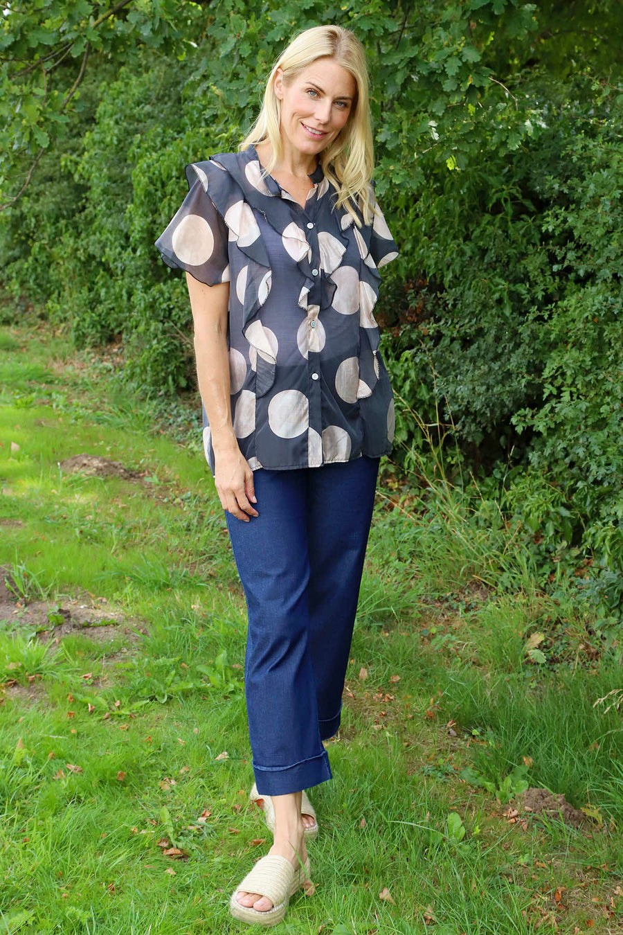 Skye Spot Print Frill Shirt Charcoal