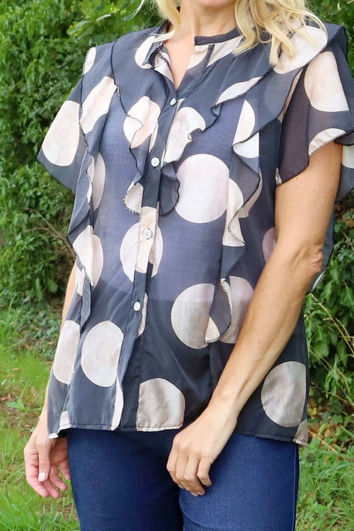 Skye Spot Print Frill Shirt Charcoal - Image 3