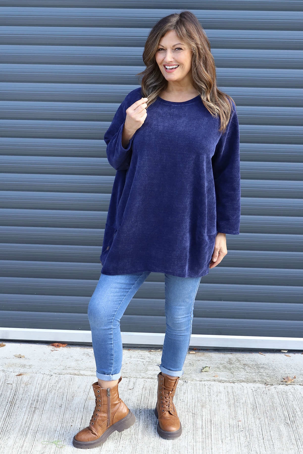 Kiera Button Detail Cord Top Navy