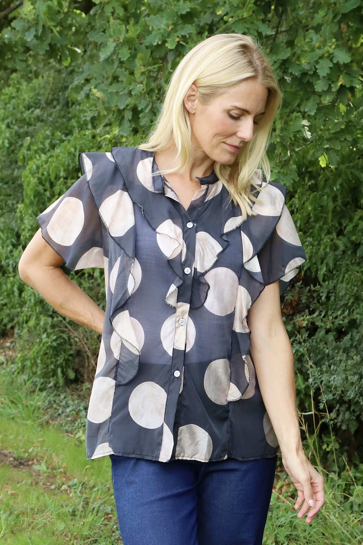 Skye Spot Print Frill Shirt Charcoal