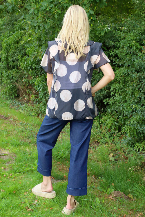 Skye Spot Print Frill Shirt Charcoal - Image 4