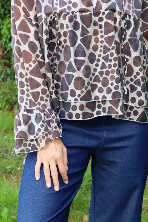 Edith Print Tie Front Top Cocoa - Image 3