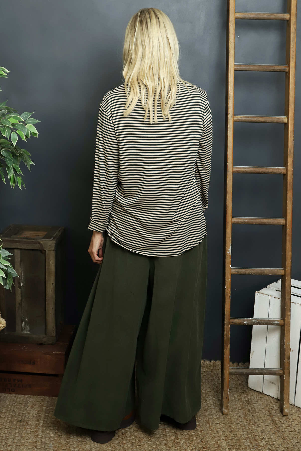 Lyssa Cowl Neck Stripe Top Bottle Green