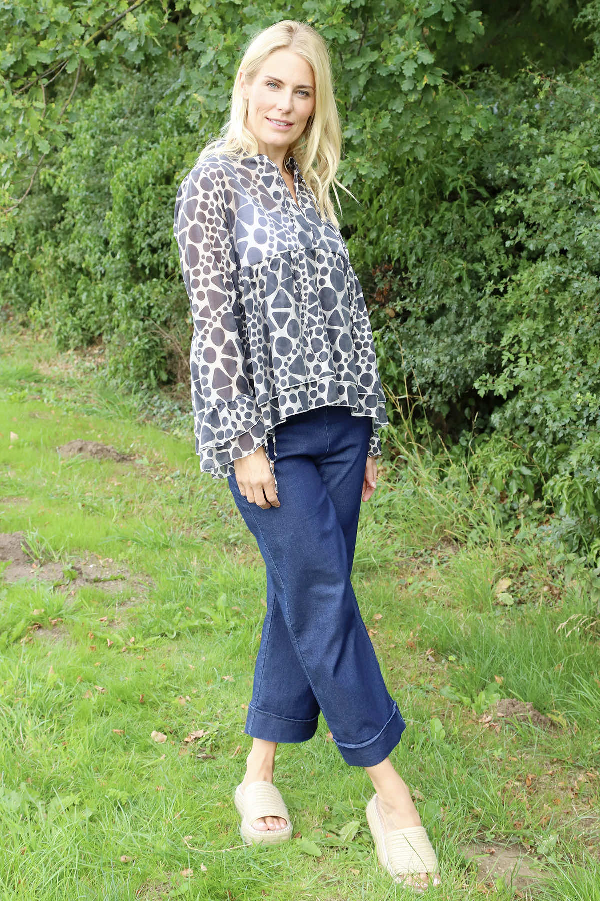 Edith Print Tie Front Top Charcoal