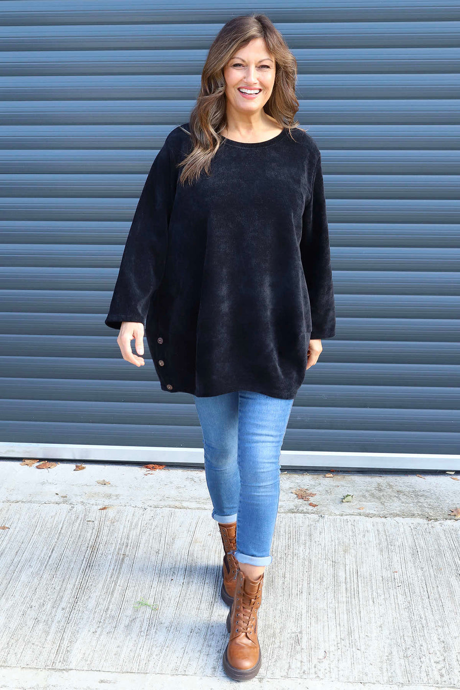 Kiera Button Detail Cord Top Black