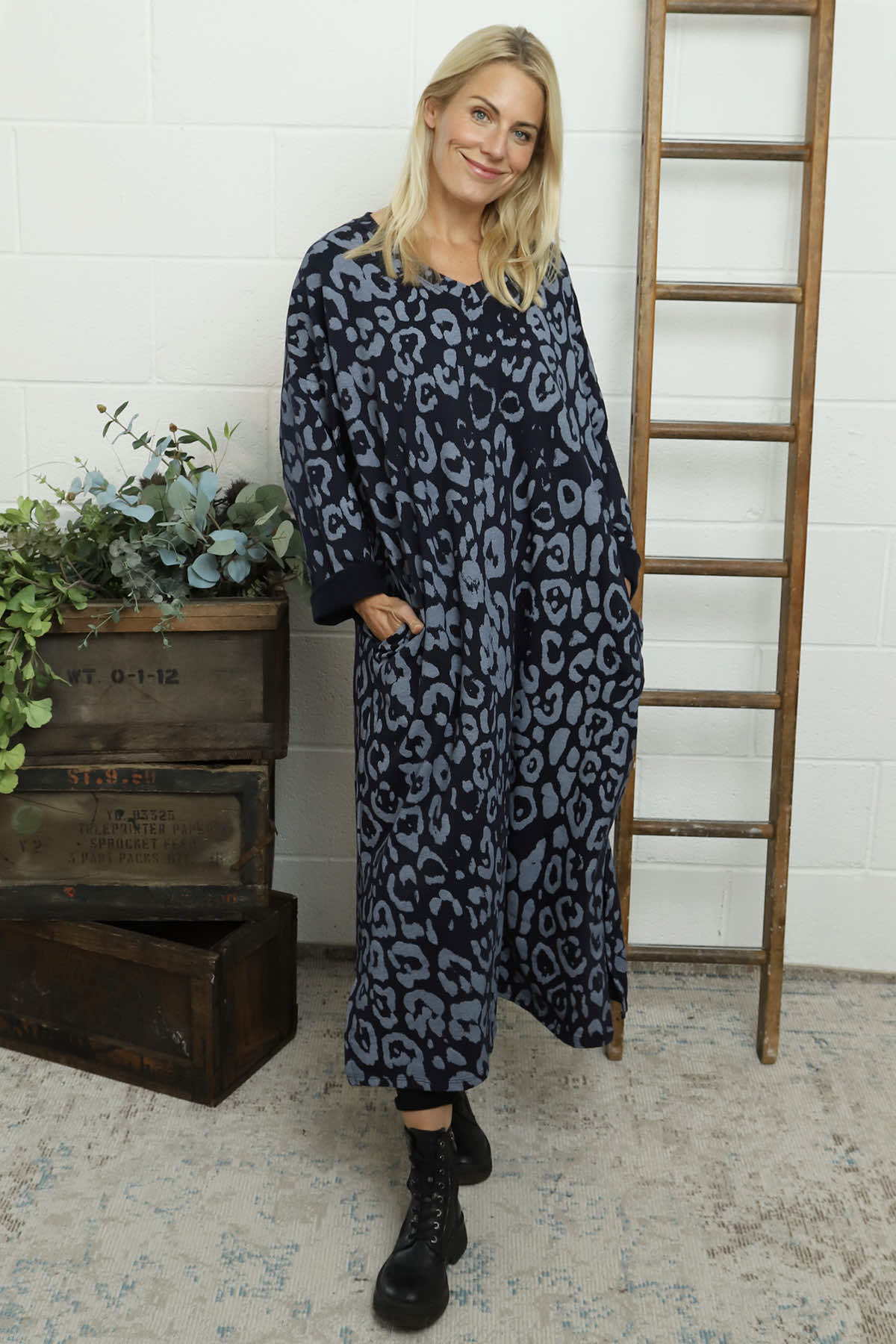 Darya Leopard Cotton Dress Navy