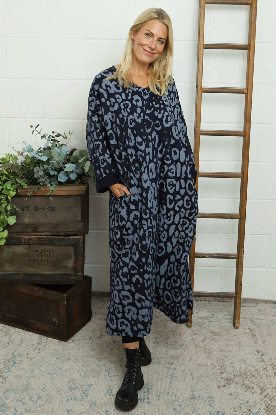 Darya Leopard Cotton Dress Navy