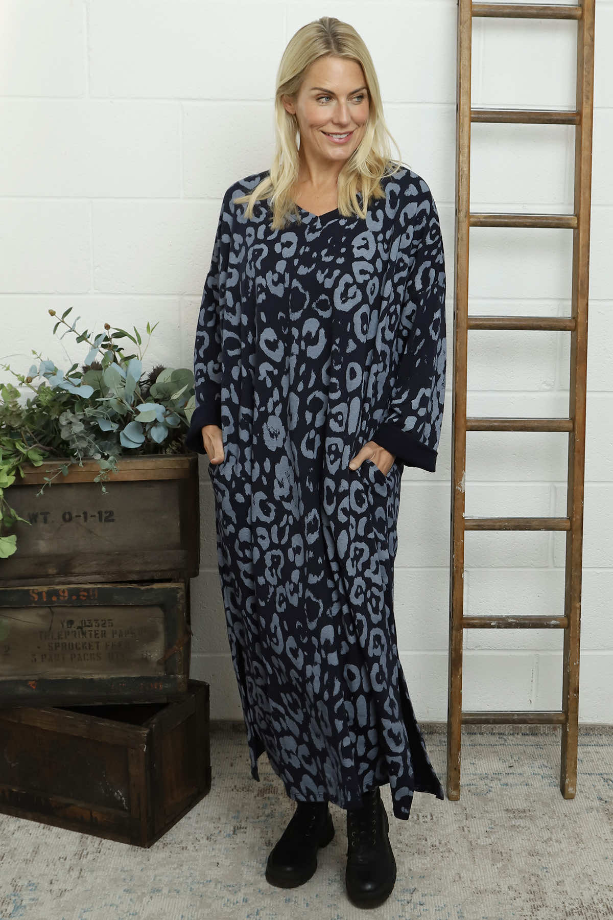 Darya Leopard Cotton Dress Navy