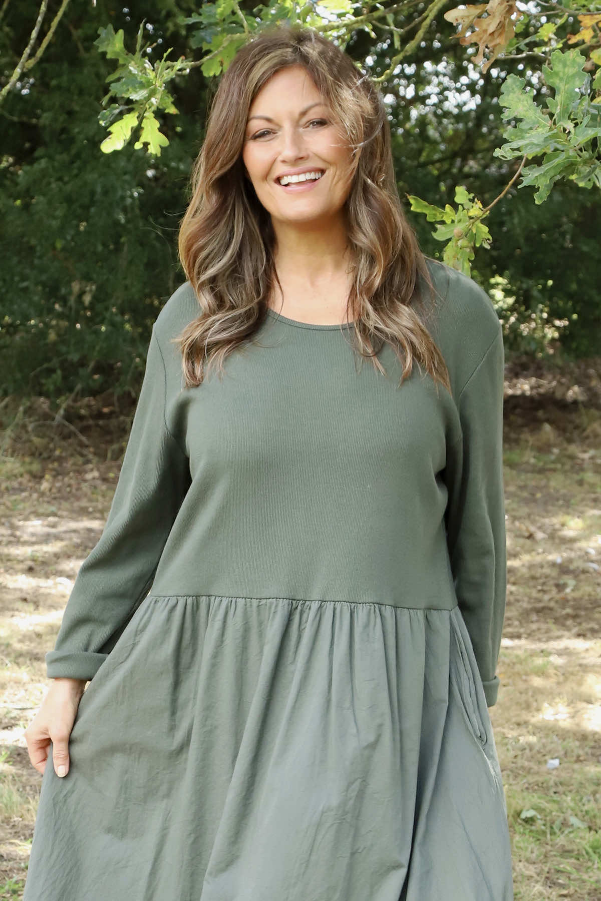 Sandown Long Sleeve Puffball Cotton Dress Khaki