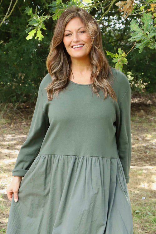 Sandown Long Sleeve Puffball Cotton Dress Khaki - Image 3