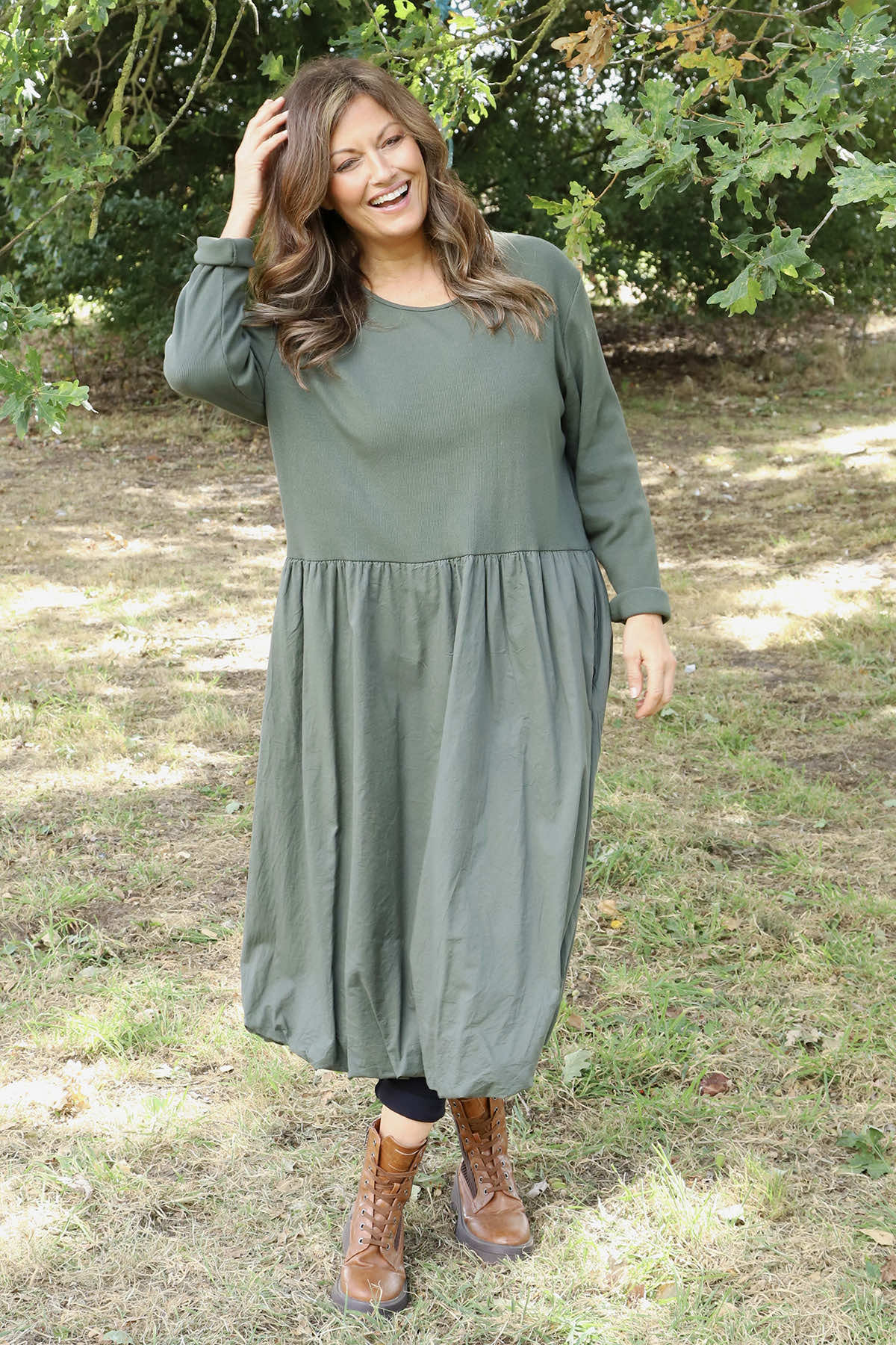 Sandown Long Sleeve Puffball Cotton Dress Khaki