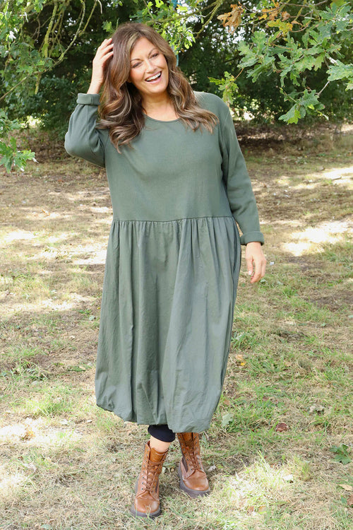 Sandown Long Sleeve Puffball Cotton Dress Khaki - Image 2