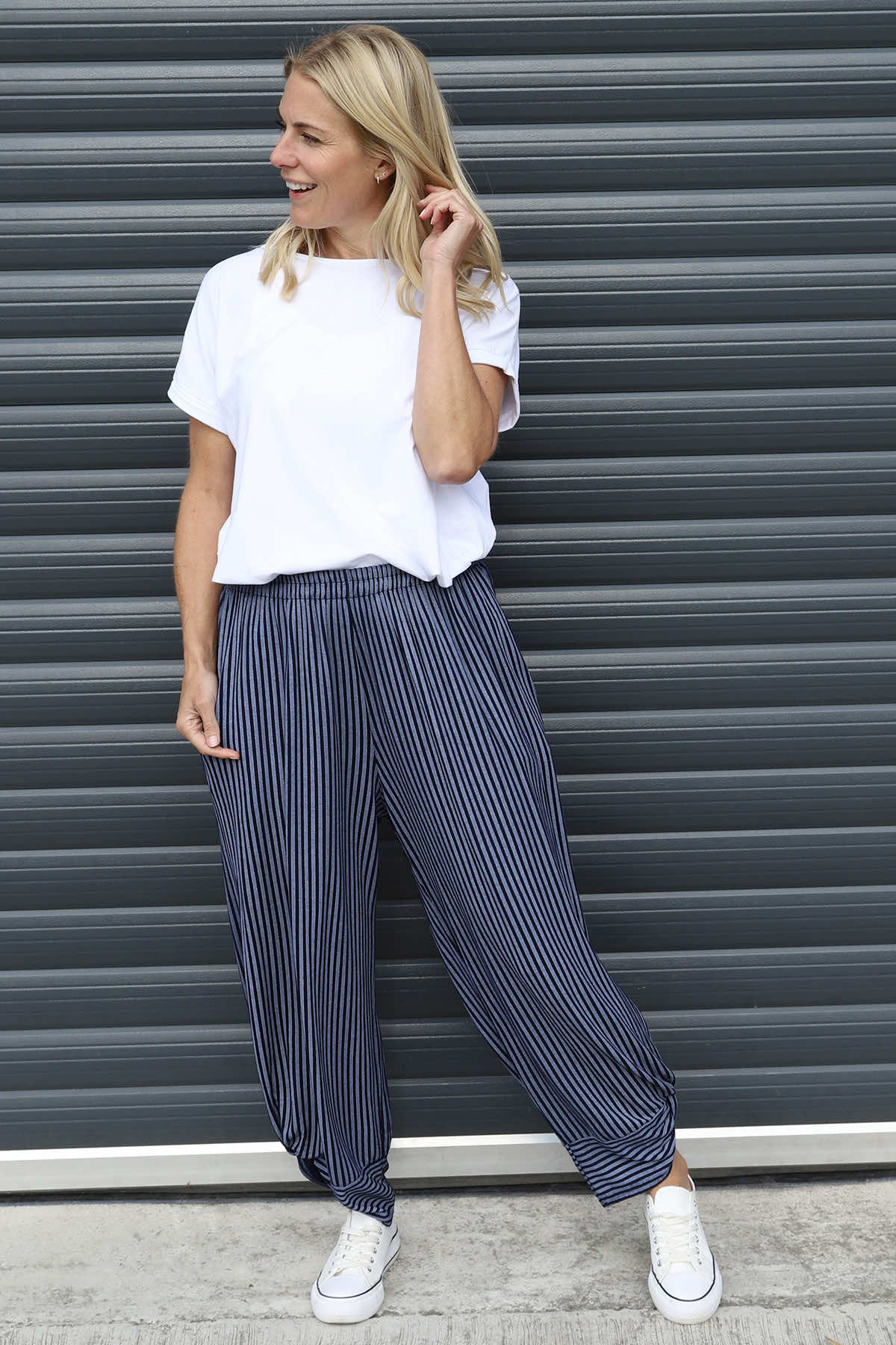 Jacinda Stripe Cotton Trousers Navy