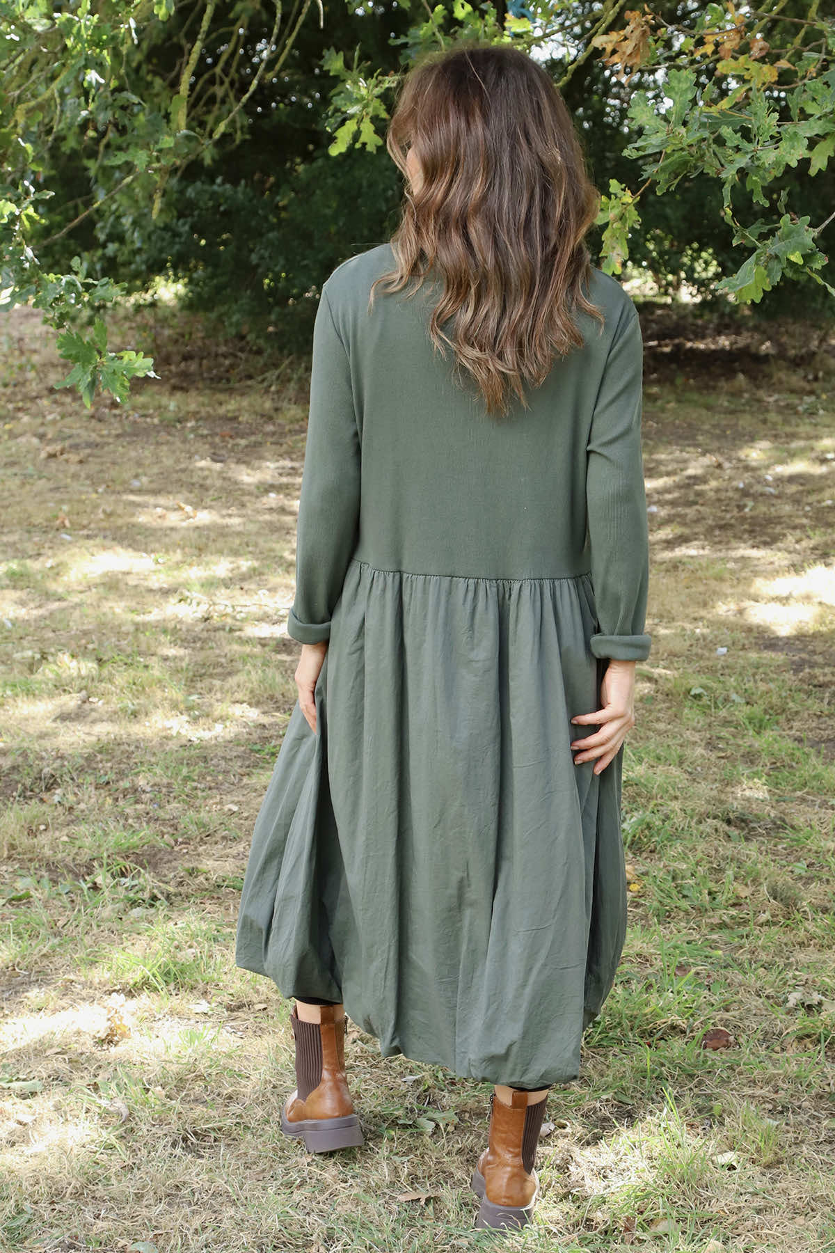 Sandown Long Sleeve Puffball Cotton Dress Khaki