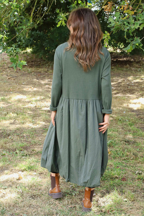 Sandown Long Sleeve Puffball Cotton Dress Khaki - Image 4