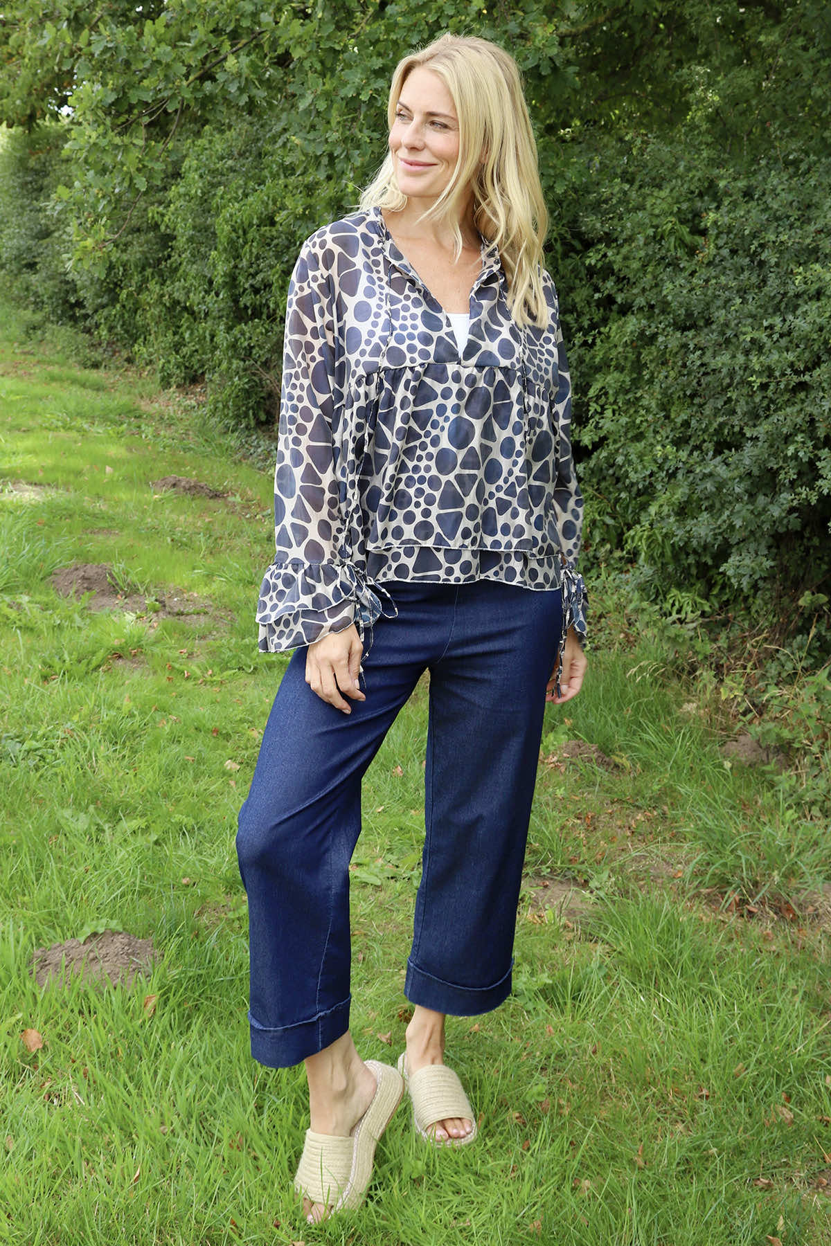 Edith Print Tie Front Top Navy