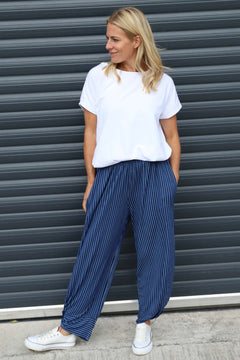 Jacinda Stripe Cotton Trousers Cobalt