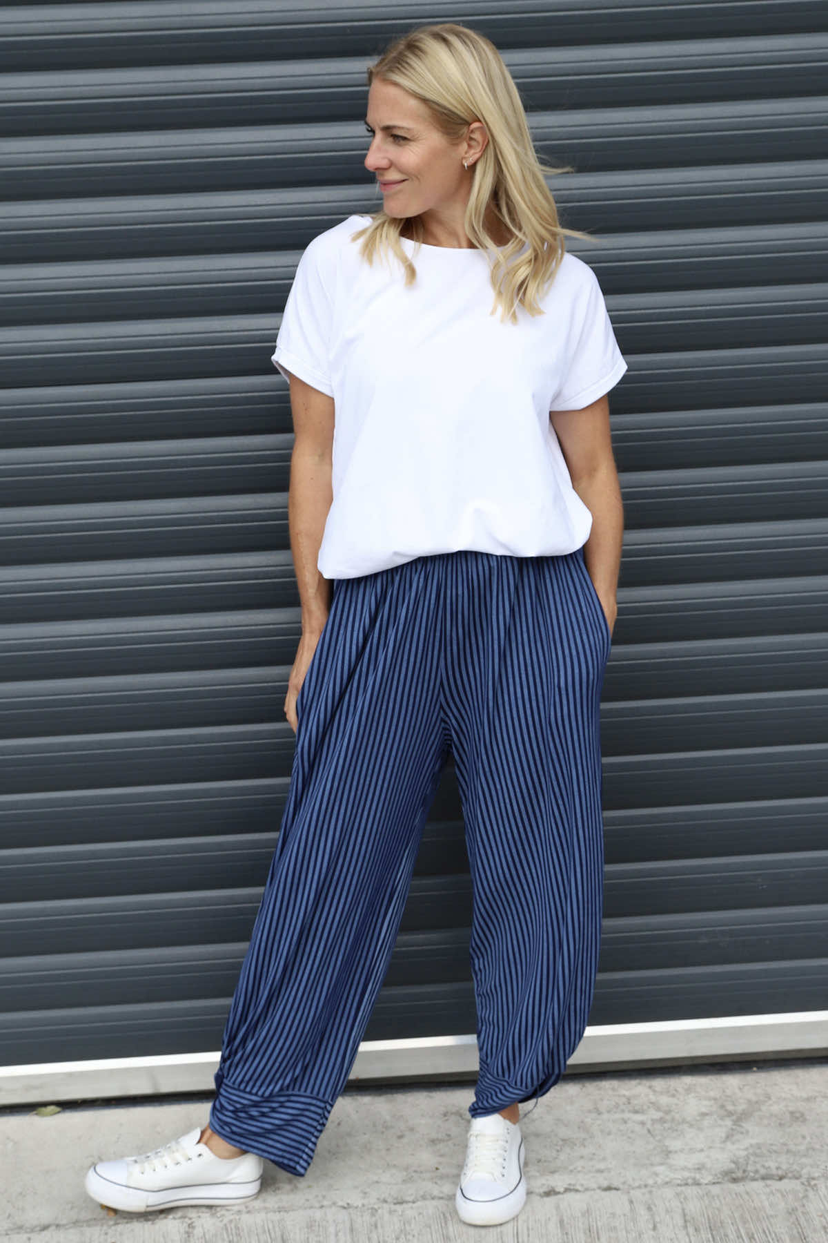 Jacinda Stripe Cotton Trousers Cobalt