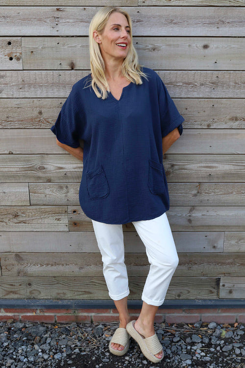 Leonie Crinkle Cotton Top Navy - Image 2
