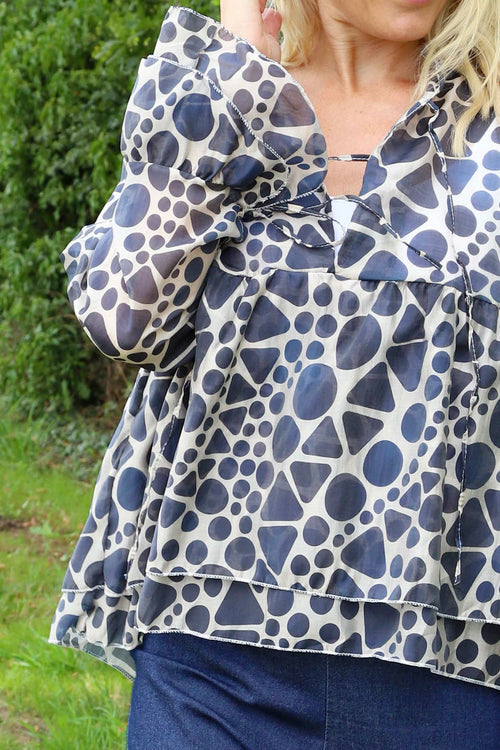 Edith Print Tie Front Top Navy - Image 3