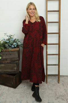 Darya Leopard Cotton Dress Wine