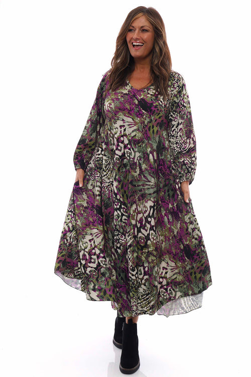 Marla Print V-Neck Dress Khaki