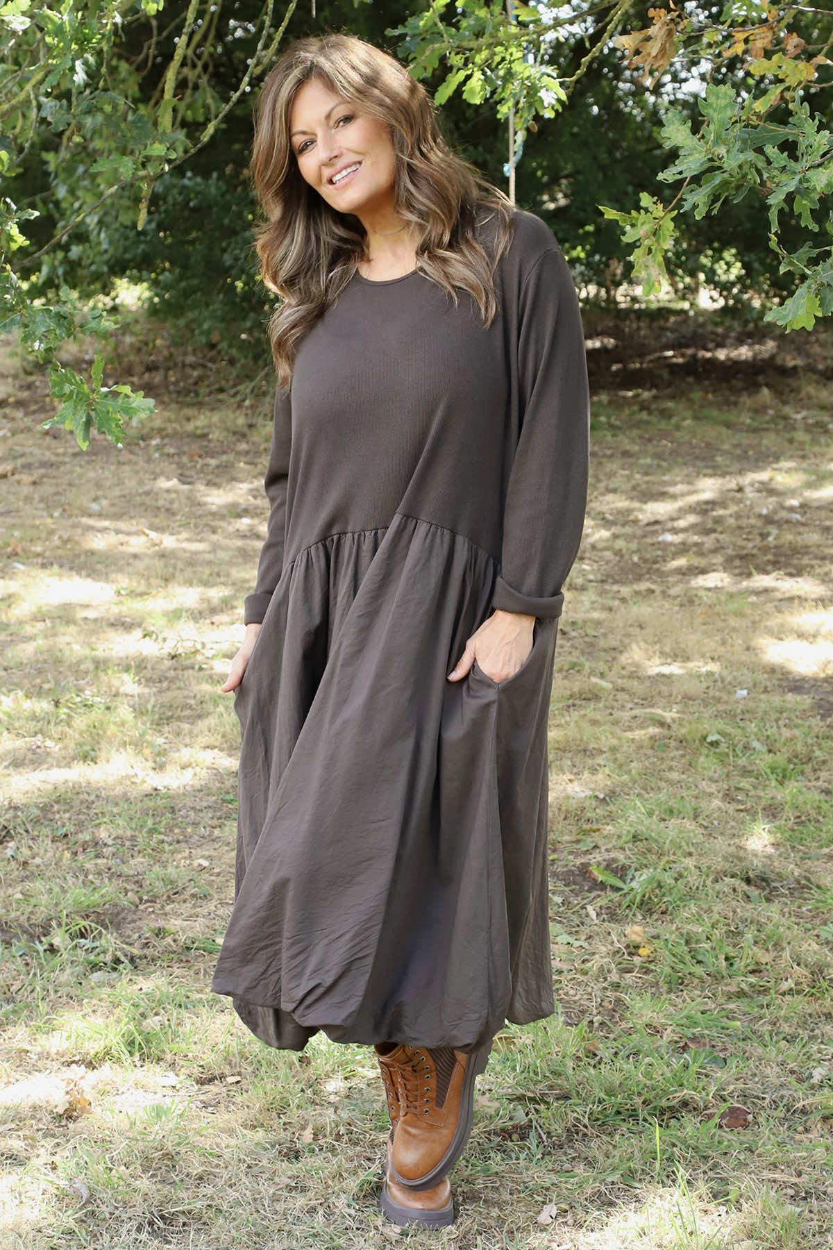 Sandown Long Sleeve Puffball Cotton Dress Cocoa