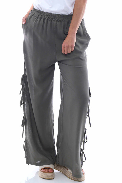 Macie Tie Leg Linen Trousers Khaki - Image 3
