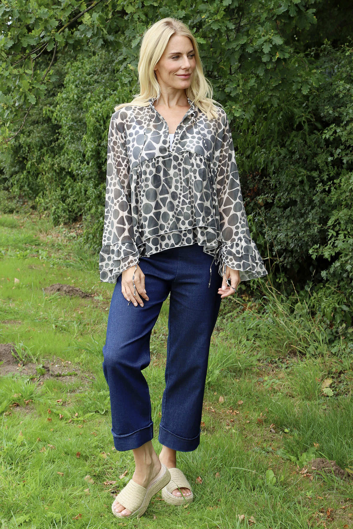 Edith Print Tie Front Top Khaki