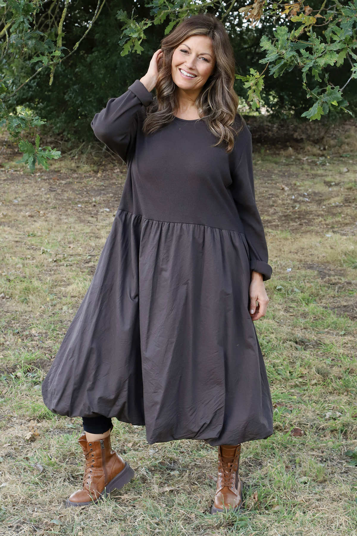 Sandown Long Sleeve Puffball Cotton Dress Cocoa