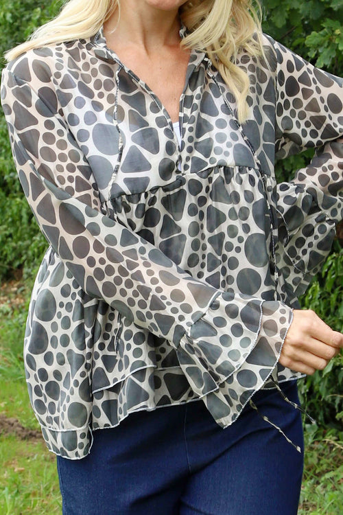 Edith Print Tie Front Top Khaki - Image 3