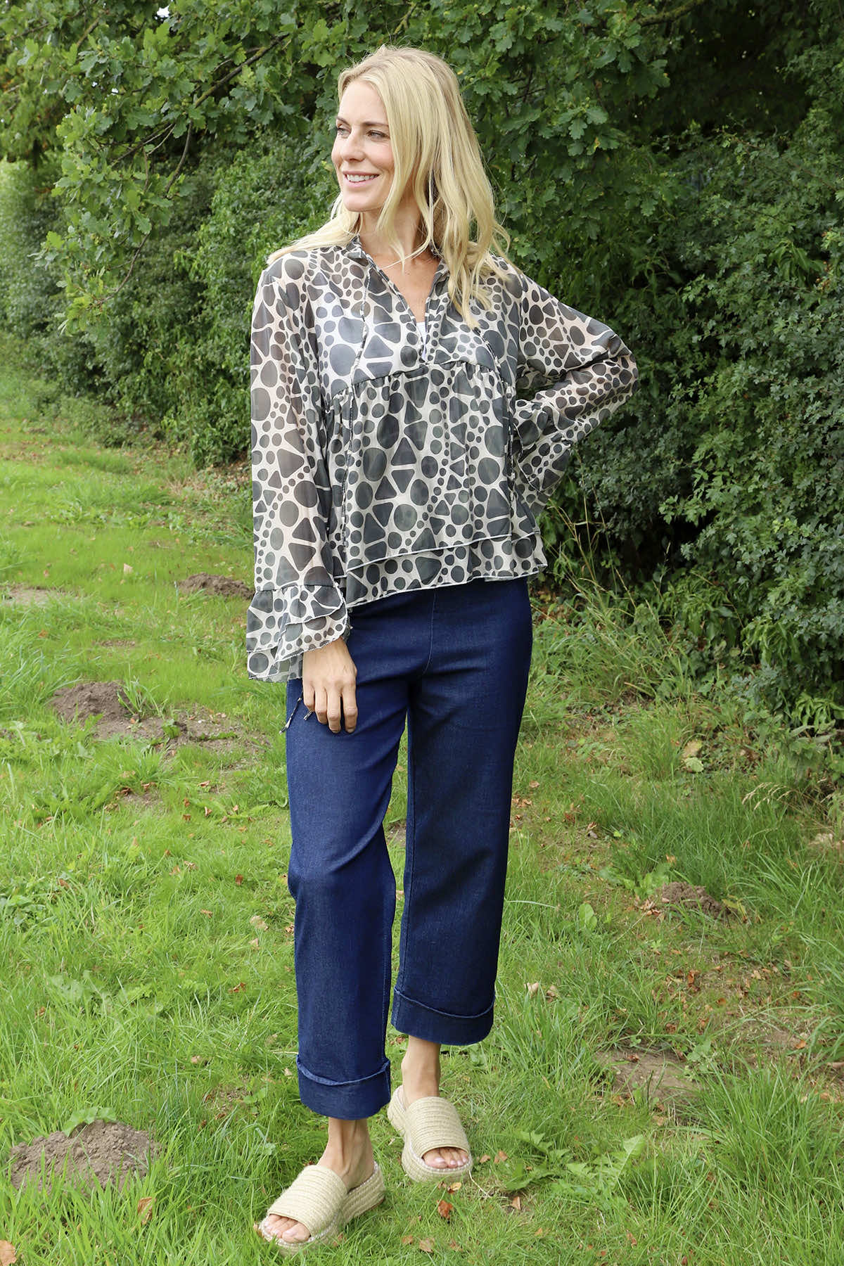 Edith Print Tie Front Top Khaki