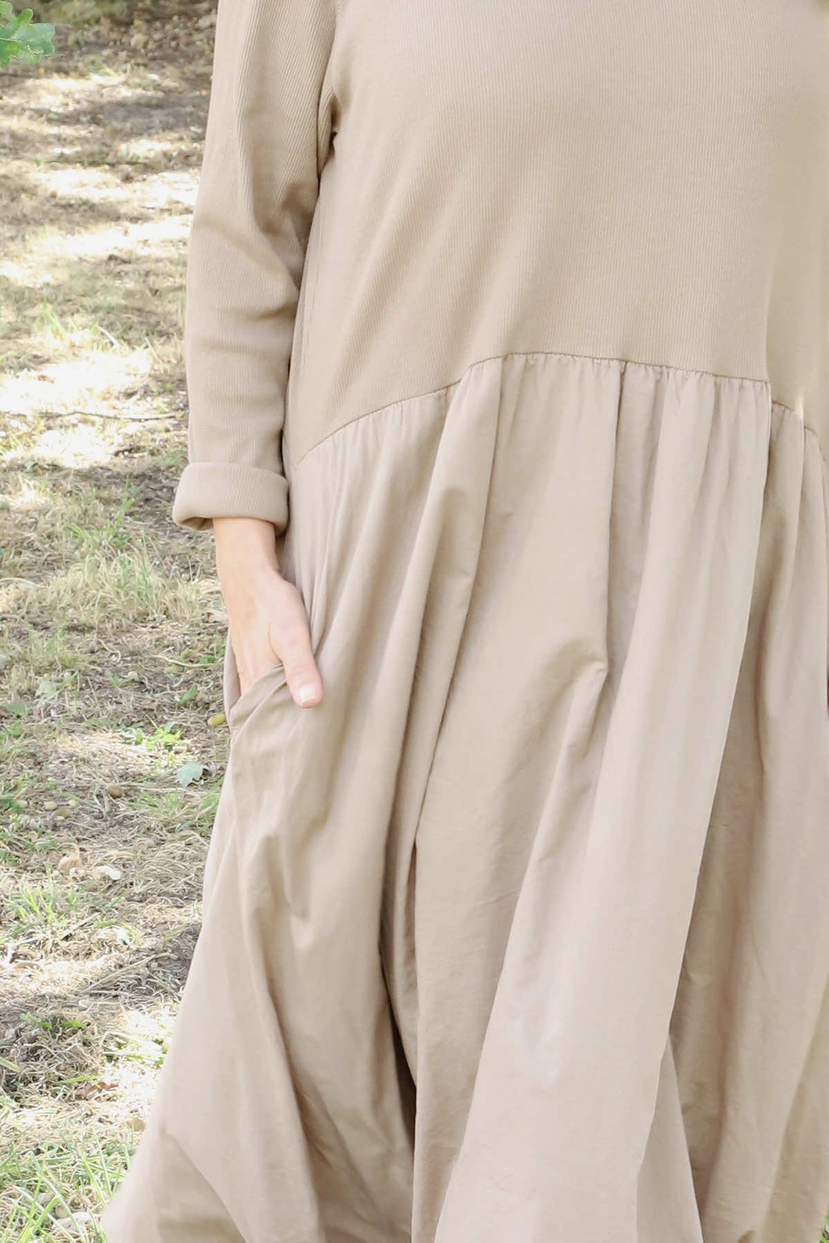 Sandown Long Sleeve Puffball Cotton Dress Camel