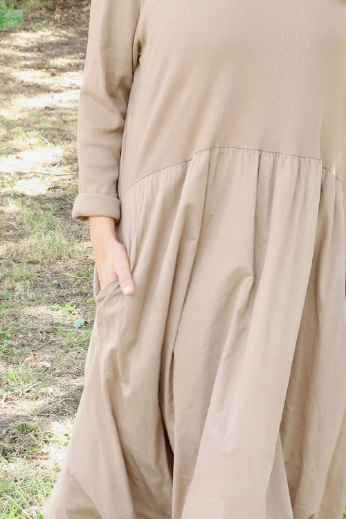 Sandown Long Sleeve Puffball Cotton Dress Camel - Image 3