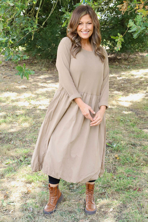 Sandown Long Sleeve Puffball Cotton Dress Camel - Image 1
